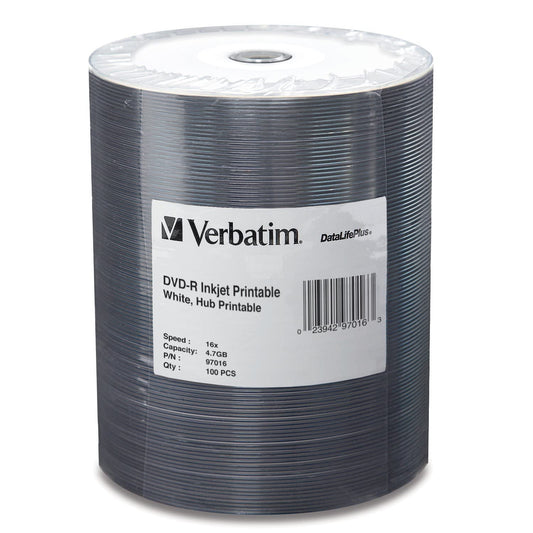 Verbatim DVD-R Blank Discs 4.7GB 16X DataLifePlus White Inkjet Printable Recordable Disc Hub Printable - 100pk Tape Wrap 97016