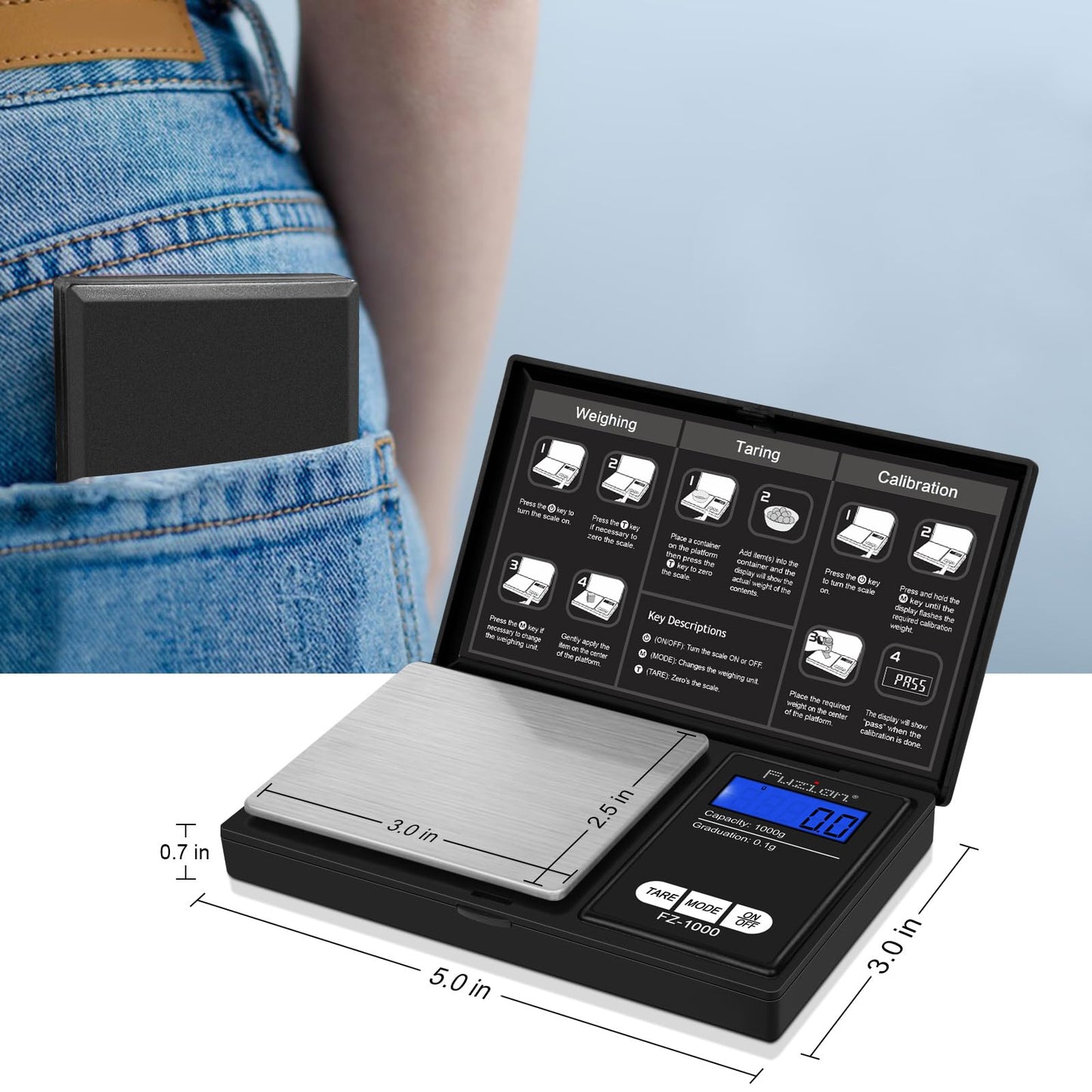 Fuzion Digital Pocket Gram Scale 1000g/0.1g, Small Digital Scales Grams Ounces Grains, Herb Scale, Jewelry Scale, Portable Travel Food Scale