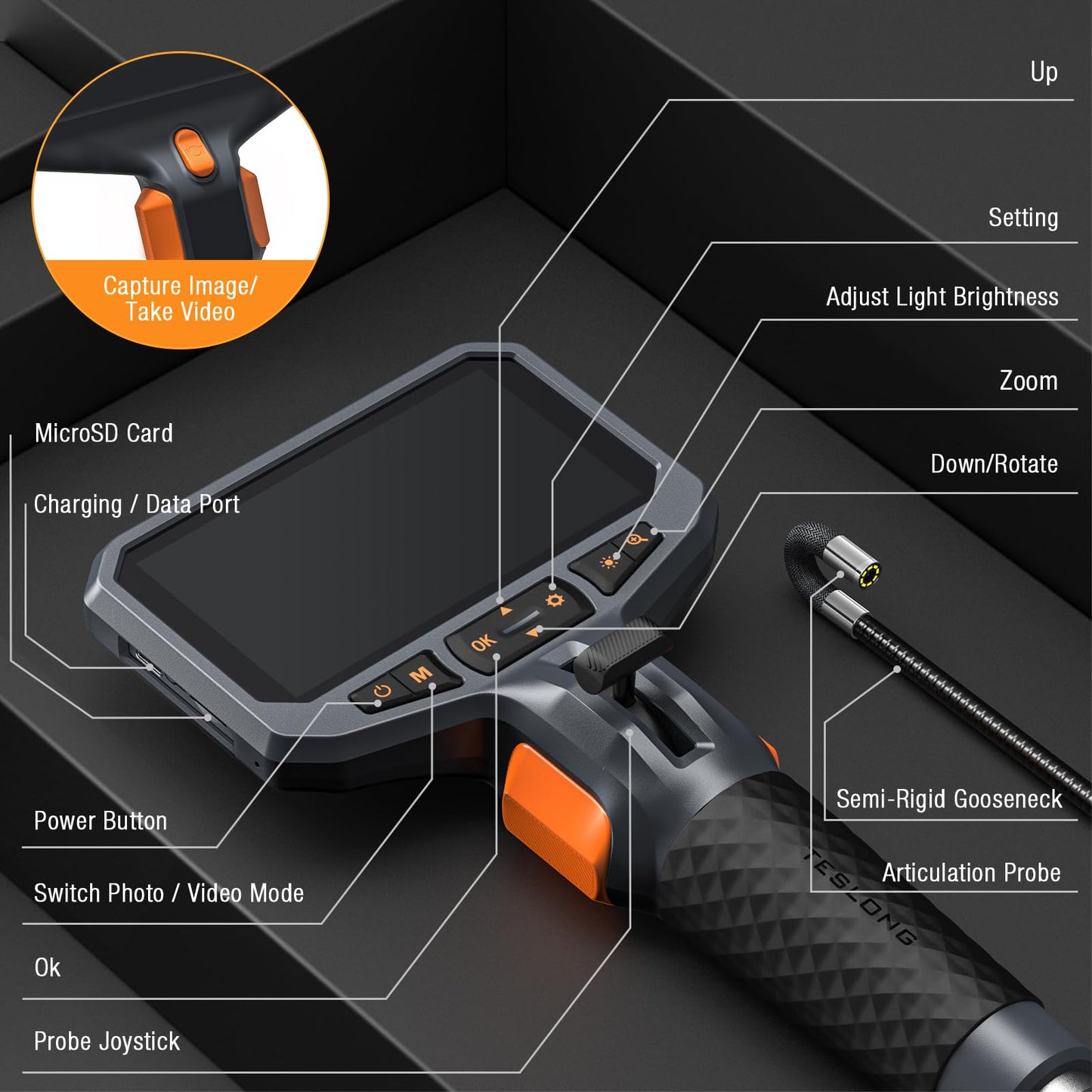 Teslong Two-Way Articulating Borescope with Light, Industrial Endoscope Inspection Camera with Articulated Probe, Flexible Mechanic Fiber Optic Snake Scope Cam for Wall Automotive Engine Inspect-5FT