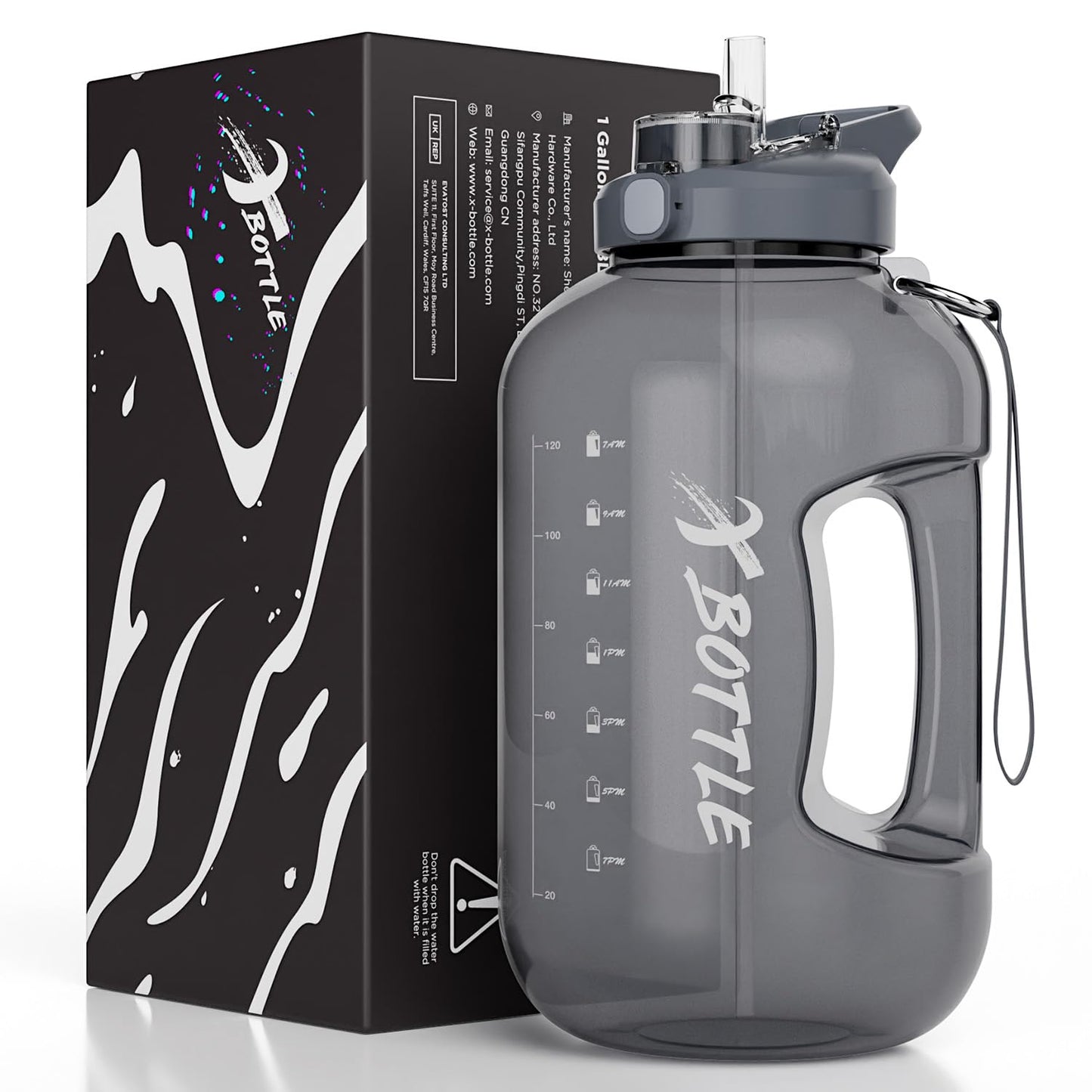 XBOTTLE 1 Gallon BPA Free Tritan Water Bottle with Straw & Chug Lid for Sports Camping Fitness 128oz Black