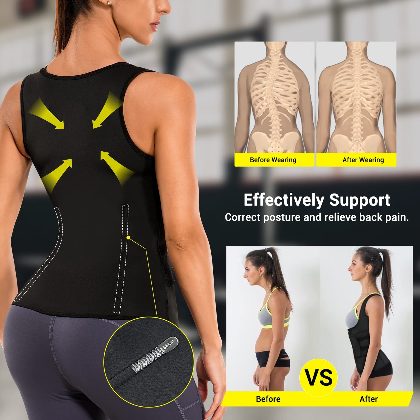 TrainingGirl Women Sweat Vest Waist Trainer Trimmer Belt Weight Loss Hot Sauna Suit Zipper Workout Tank Tops Slim Body Shaper (Black, X-Large)