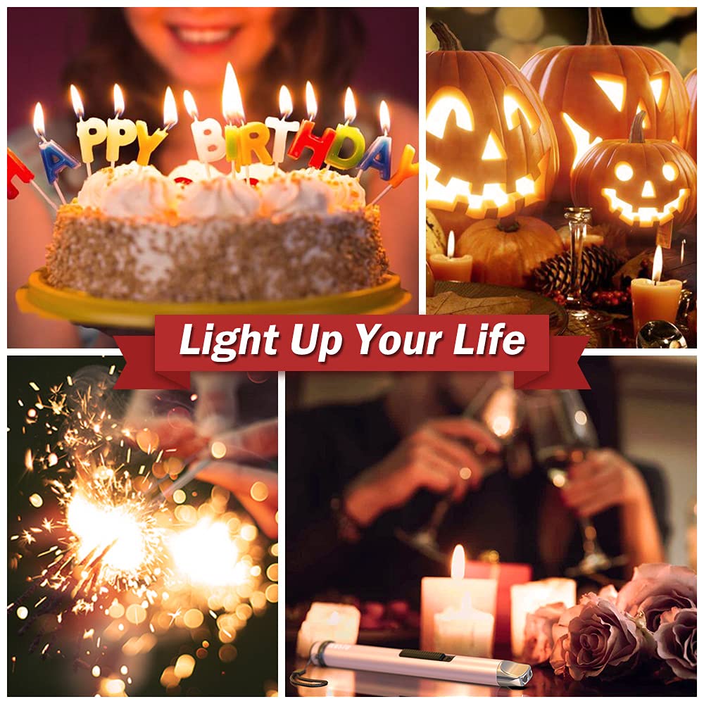 Electric Candle Lighter - Rechargeable USB Arc Windproof Flameless Plasma Lighter With Long Stick, Rope and Ring - No Butane Fluid - Perfect for BBQ, Camping, Kitchen Stove - Pink