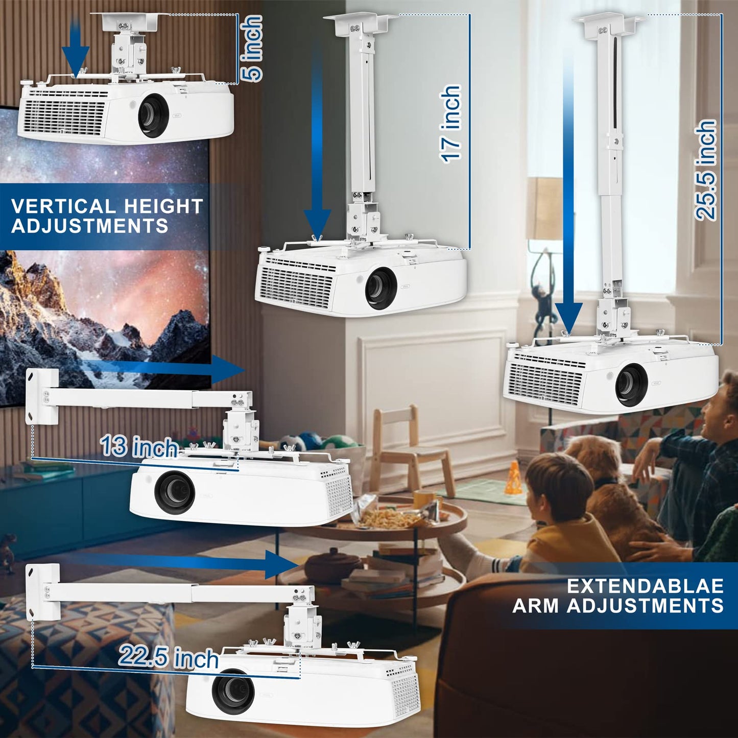 DAWASAPAT Adjustable Projector Ceiling/Wall Mount - 3-in-1 Universal Bracket for Projector Mounting, Universal Height Adjustable Mount Holder with Extension Pole