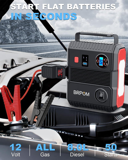 Car Jump Starter with Air Compressor, 150PSI 8000A Peak 24000mah (Up to All Gas or 8.0L Diesel Engine, 50 Times) Portable Jump Starter 12V Auto Battery Jump Pack QC 3.0 with 160W DC Out