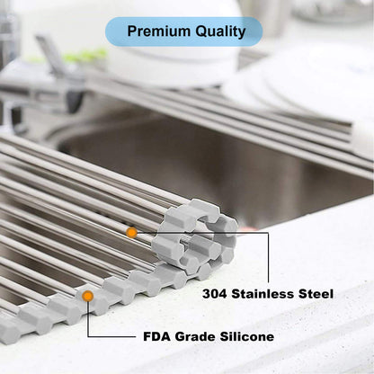 Searik Over The Sink Dish Drying Rack, Roll up Sink Dish Drainer Rack Foldable Kitchen Stainless Steel Dish Rack Sink Drying Rack (17.7"x 11.8")