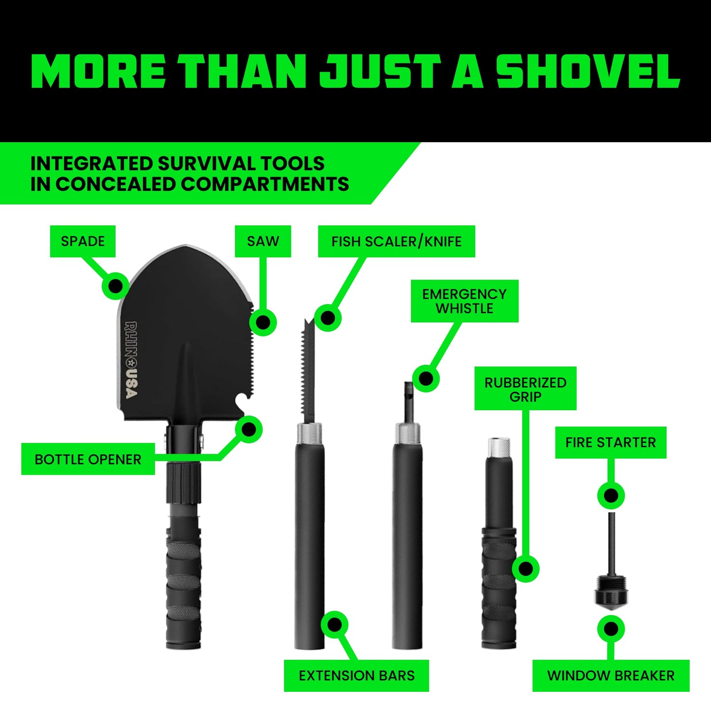 Rhino USA Survival Shovel w/Pick - Heavy Duty Carbon Steel Military Style Entrenching Tool for Off Road, Camping, Gardening, Beach, Digging Dirt, Sand, Mud & Snow. (Survival Shovel)