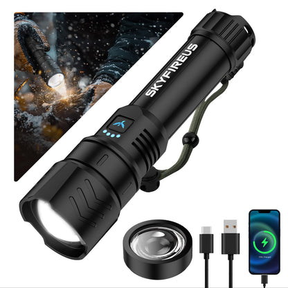 SKYFIRE LED Flashlights High Lumens,2000lm Super Bright Rechargeable Flashlight with Ignition Lens, Zoomable,Powerbank,Waterproof Flash Light for Camping Essentials,Outdoor and Home(Black)