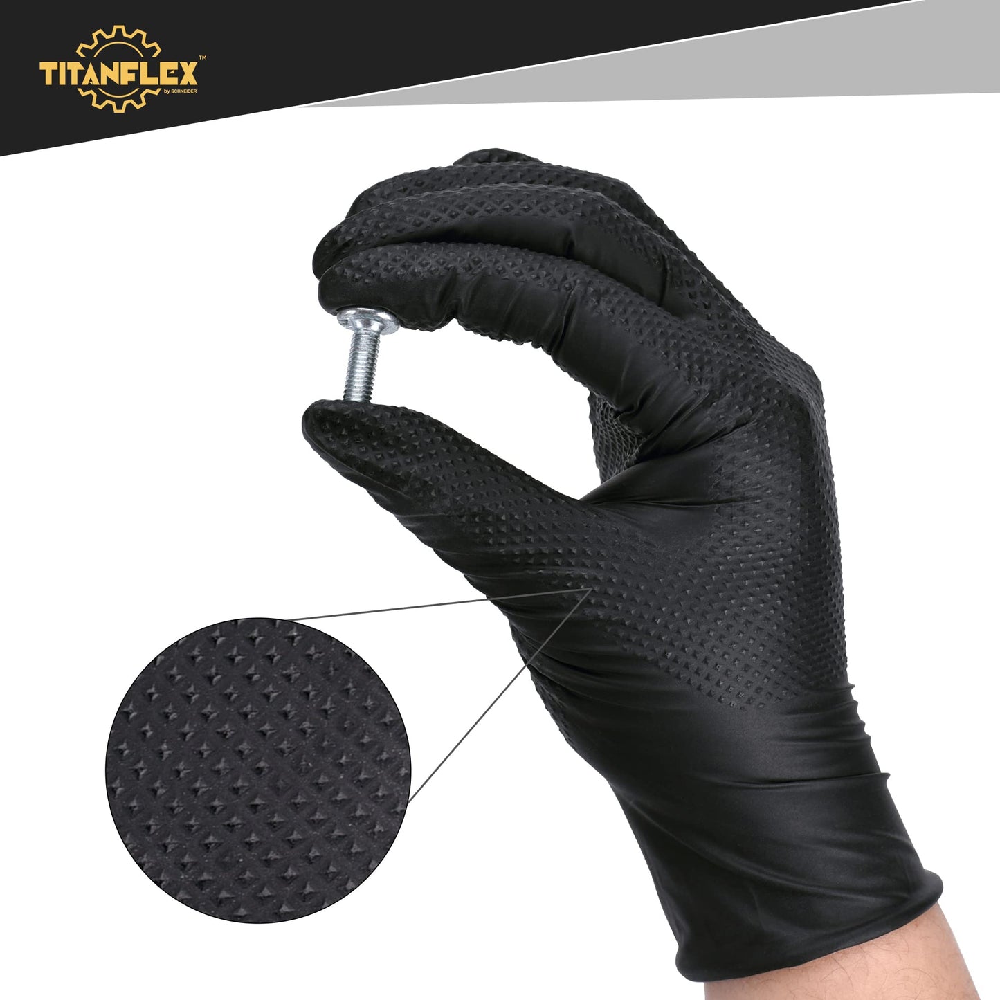 TitanFlex Heavy Duty Black Industrial Nitrile Gloves, 8-mil, XL, Box of 100, Latex Free, Raised Diamond Texture, Powder Free, Food Safe, Rubber Gloves, Mechanic Gloves
