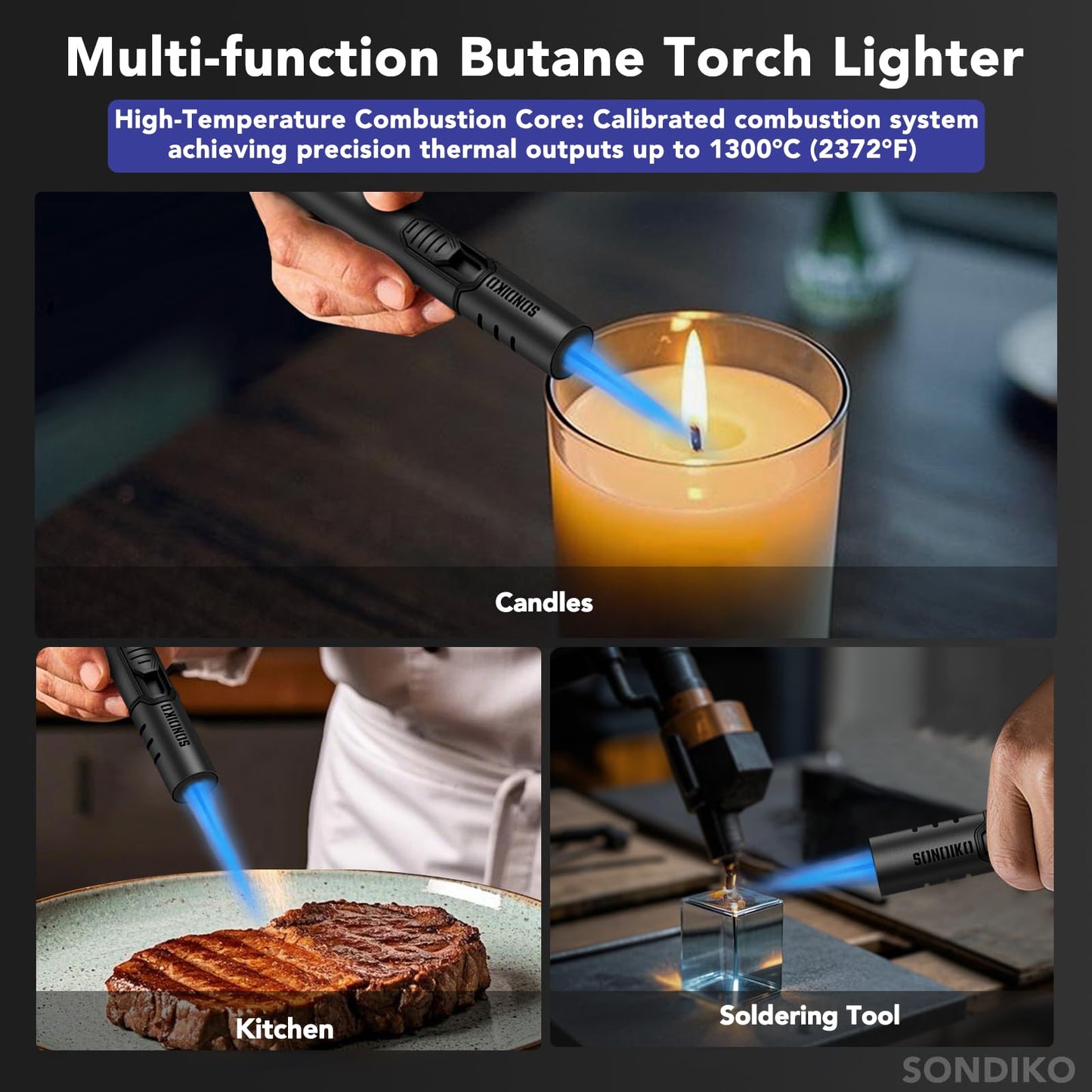 Sondiko Torch Lighters, Refillable Butane Lighter with Adjustable Jet Flame, Metal Shell, Transparent Fuel Window, Butane Nozzle Adapter Kit for Candle, Grill, BBQ, Fireworks