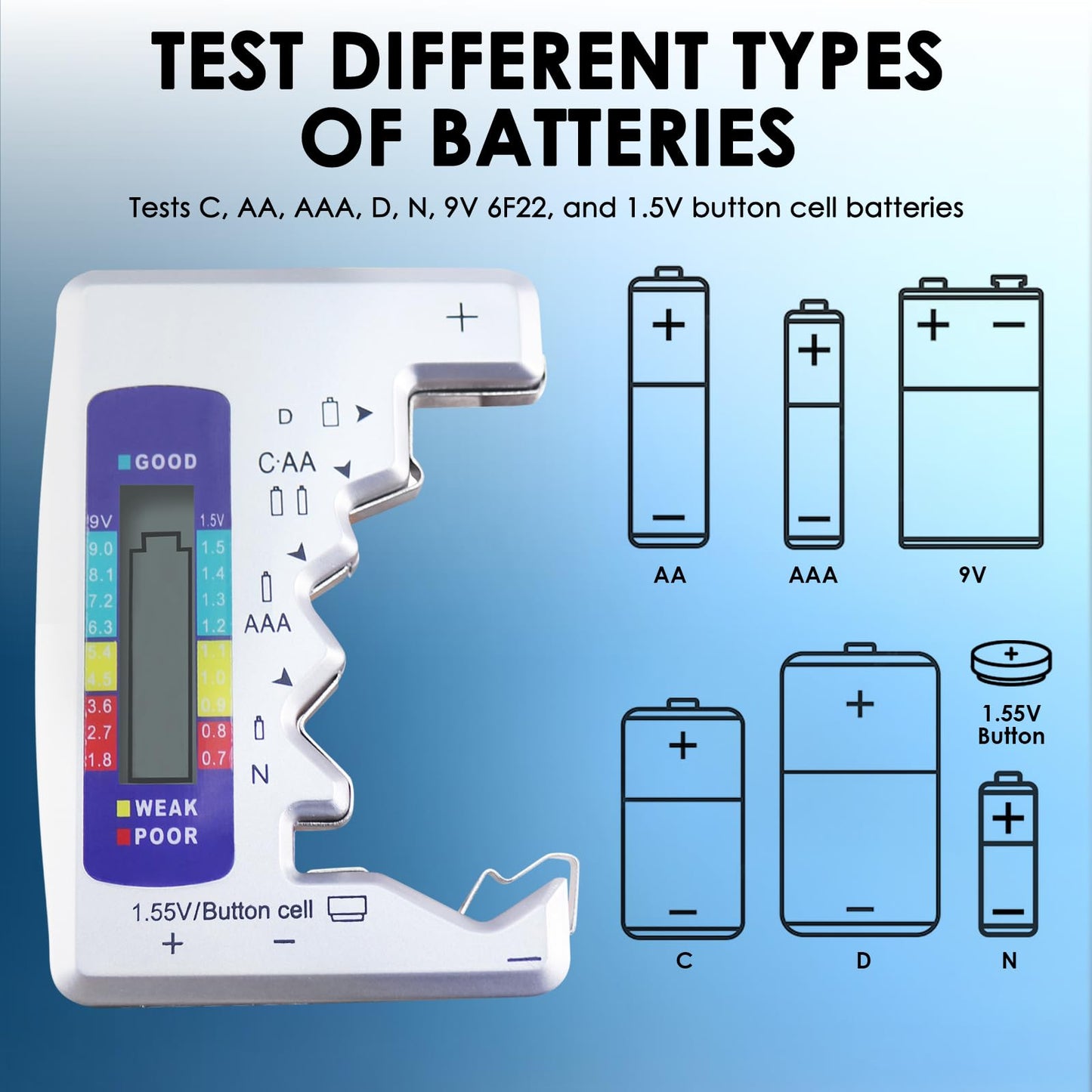 Battery Tester Universal Battery Checker with LCD Display Digital Multi Purpose Small Battery Checker for All Battery C AA AAA D N 9V 6F22 1.5V Button Cell Batteries