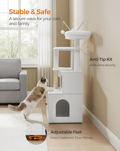Feandrea Cat Tree with Litter Box Enclosure, 2-in-1 Modern Cat Tower, 55.1-Inch Cat Condo with Scratching Posts, Removable Pompom Sticks, Cloud White UPCT113W01