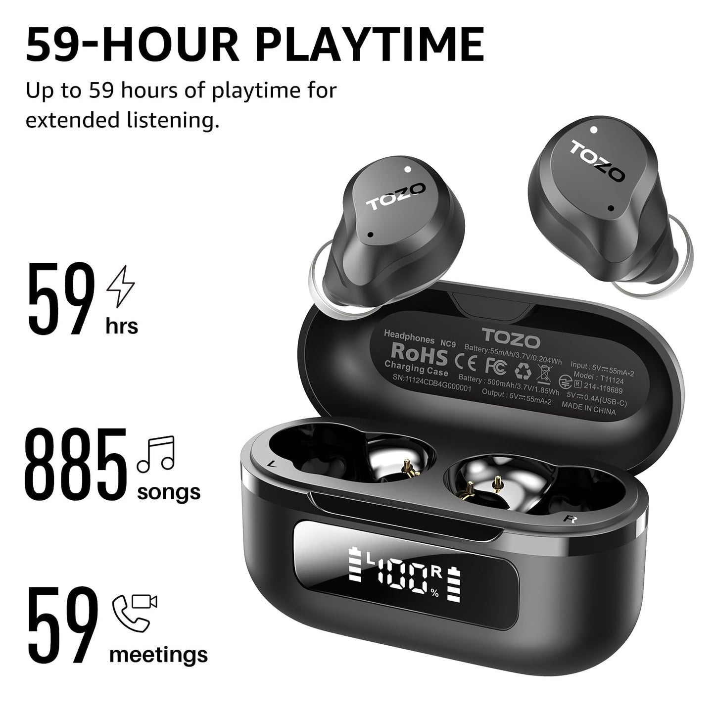 TOZO NC9 Hybrid Active Noise Cancelling Wireless Earbuds, 6 Mics ENC Clear Call, IPX8 Waterproof, in Ear Bluetooth 5.3 Headphones Stereo Bass Ear Buds 59H Playtime with LED Display 32 EQs via APP