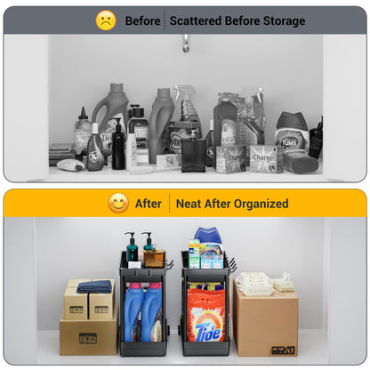 Cicilyna Under Sink Organizer, Under Cabinet Basket Organizer Drawer with Hooks, Bathroom Standing Rack, Multi-purpose Storage Shelf, Black