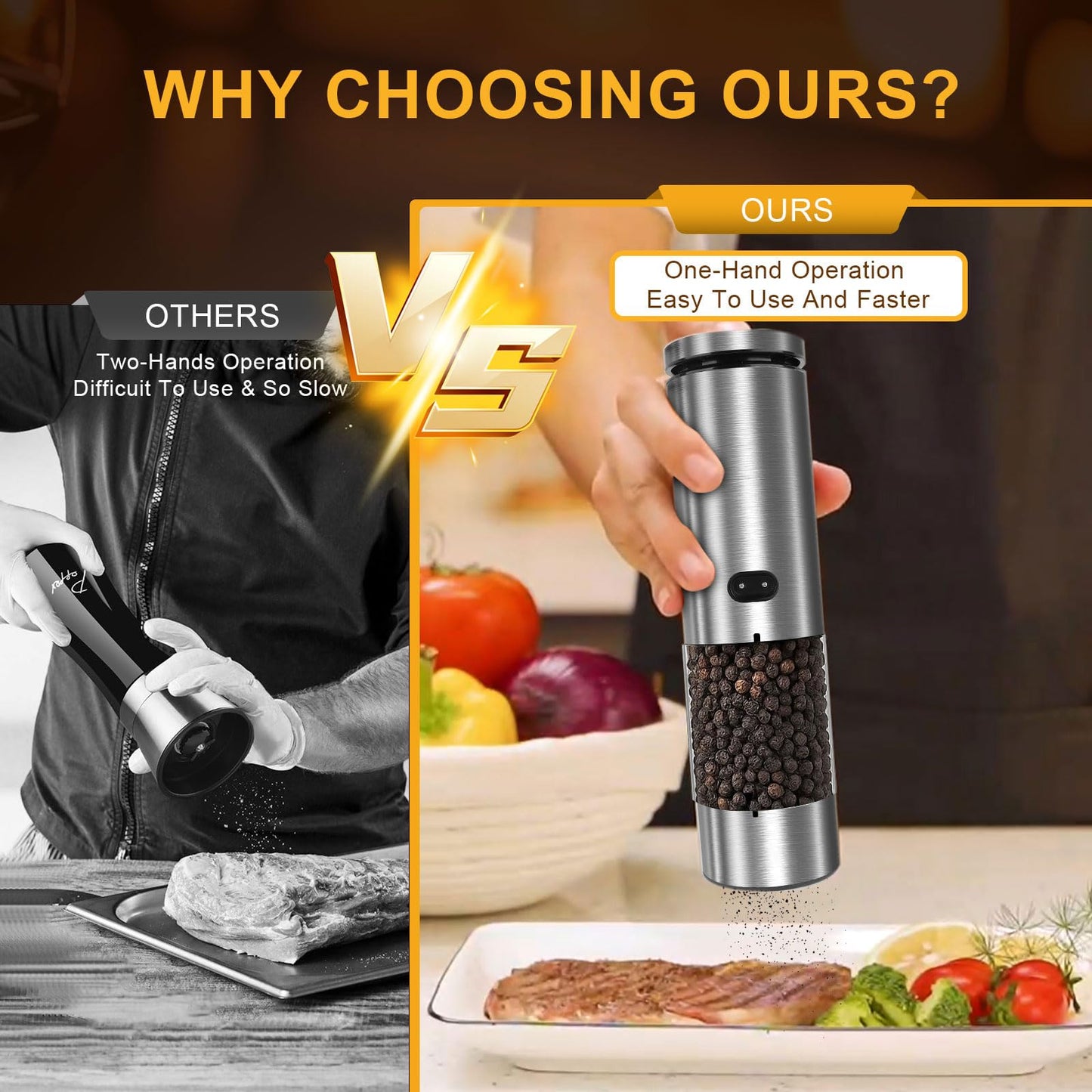 EIHO Electric Salt and Pepper Grinder Set USB Rechargeable, Upgraded External Adjustable Coarseness, Stainless Steel Automatic Salt and Pepper Shakers Mills with LED Light, House Warming Cooking Gifts