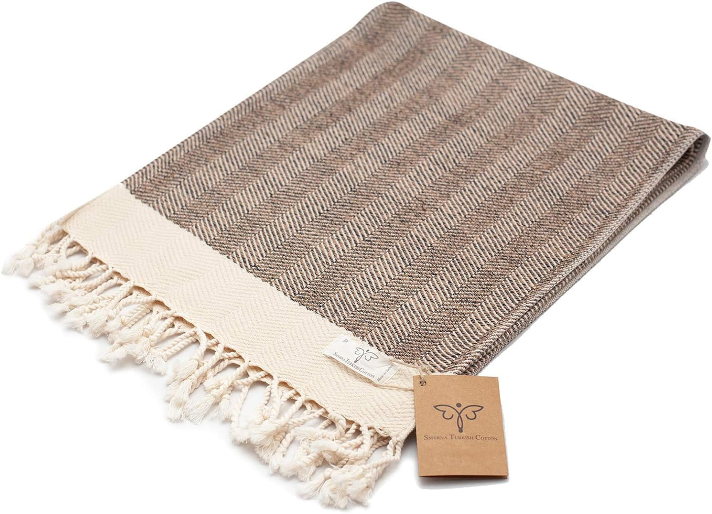 SMYRNA TURKISH COTTON Herringbone Series Turkish Hand Towels Set of 2, 16x40 inch, Decorative Turkish Hand Towels for Bathroom, Kitchen, Face, Hair, Tea, Yoga, Gym, Dishcloth Set of 2, Latte