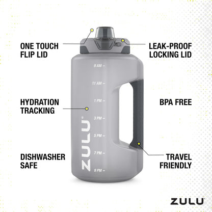 ZULU Goals 64oz Large Half Gallon Jug Water Bottle with Motivational Time Marker, Covered Straw Spout and Carrying Handle, Perfect for Gym, Home, and Sports, Grey