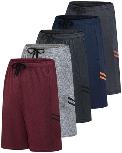 Real Essentials Men’s 5 Pack: 9" Dry-Fit Shorts – Athletic Gym, Workout, Basketball, Running, Casual Lounge Active Pockets, Set 6, L