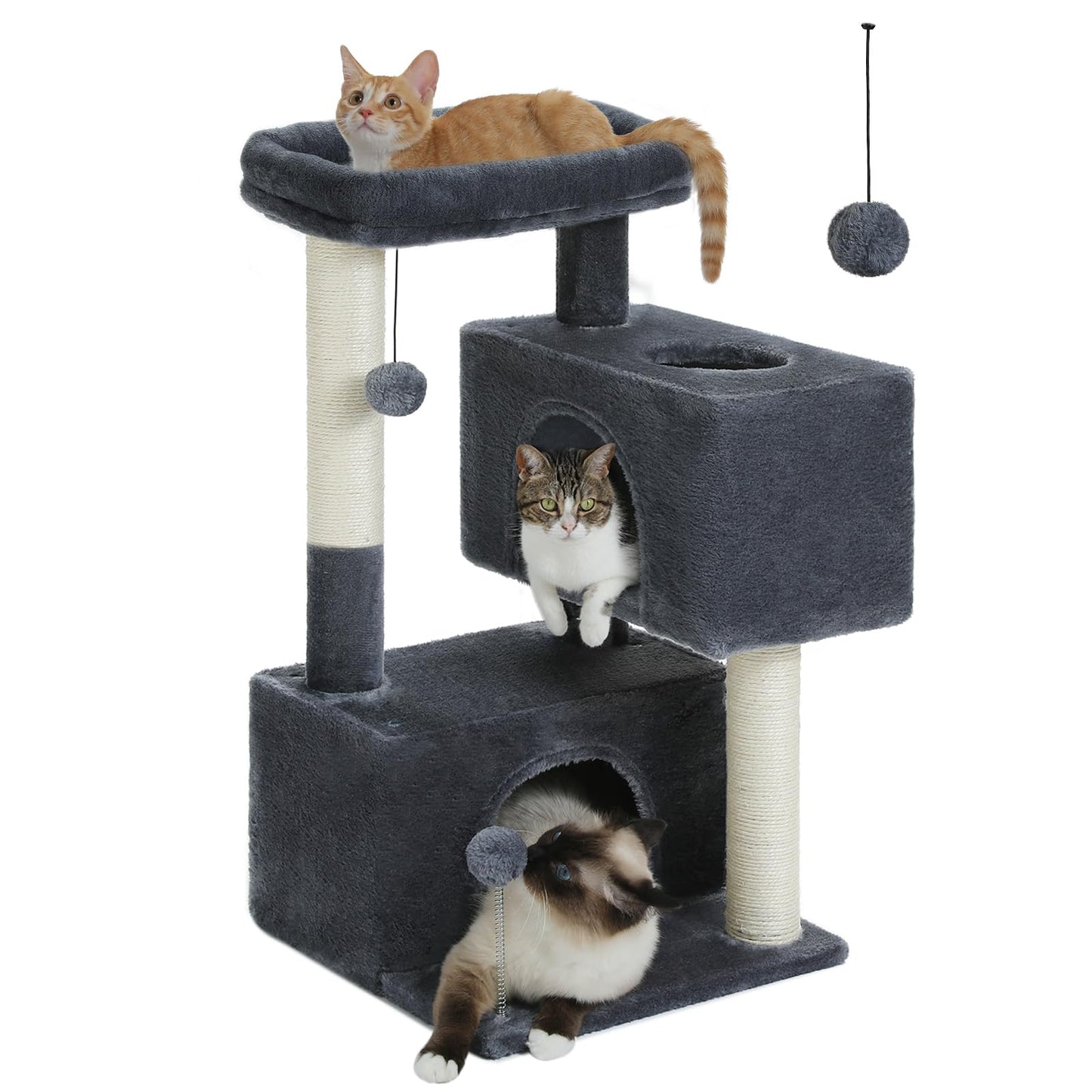 UYMI 32" Cat Tree Tower for Indoor Cats - 2 Cozy Condos, Multi-Level Cat Scratching Posts with Sisal, Soft Padded Perch, 2 Dangling Toys, Dark Grey