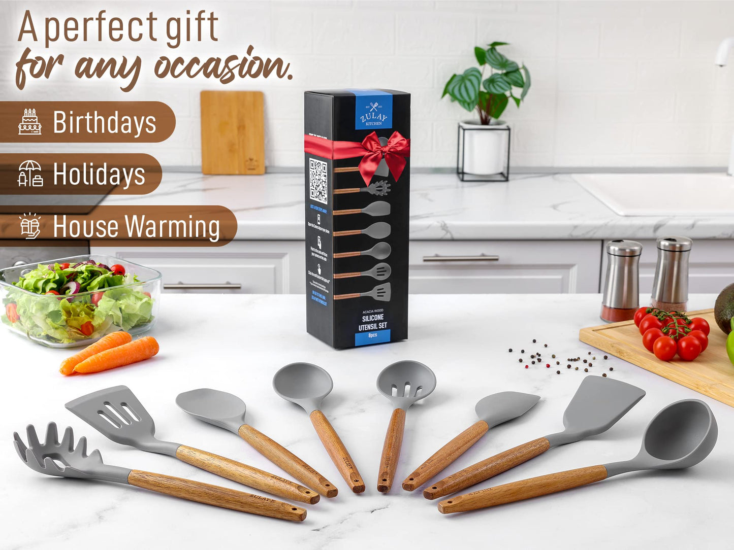 Zulay Kitchen Utensils Set Non-Stick Silicone Cooking Utensils Set with Authentic Acacia Wood Handles - 8 Piece Set - Silicone Kitchen Utensils Set with 464°F Heat Resistance - Gray