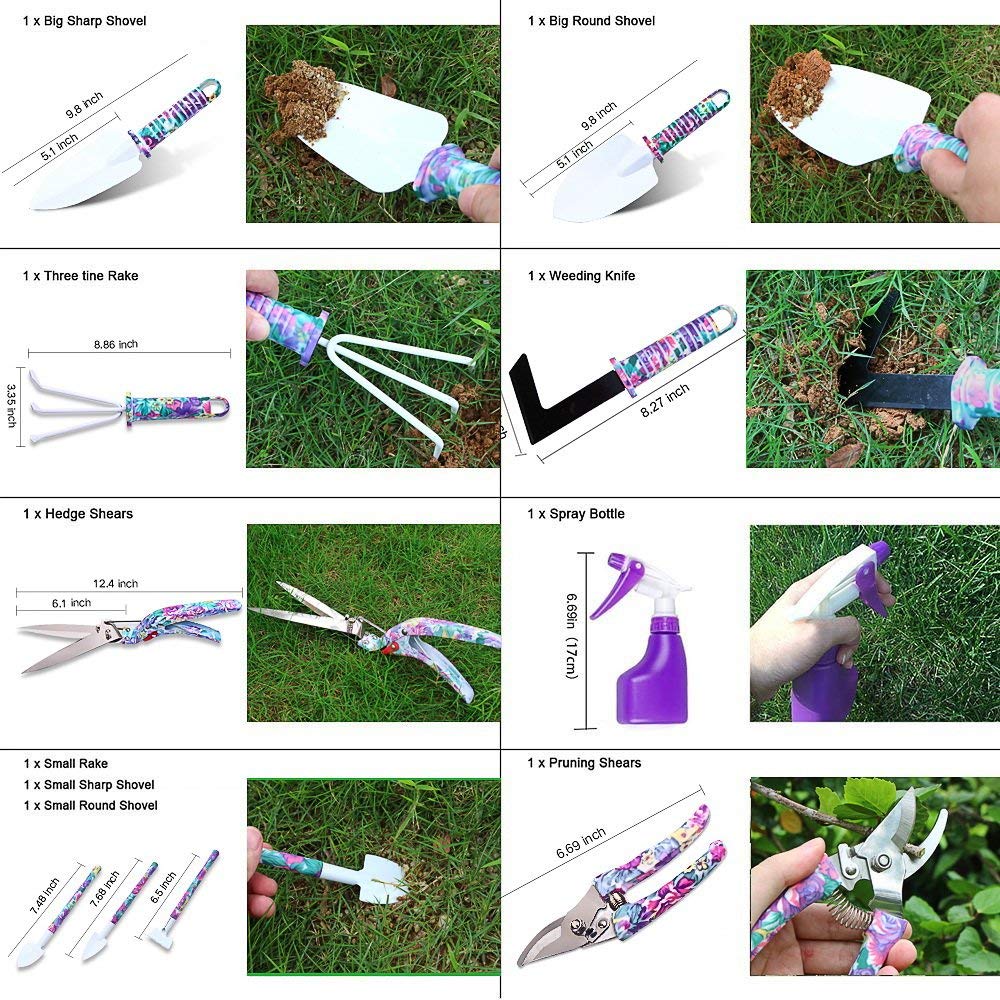 WISDOMLIFE Garden Tools Set, 11 Pieces Gardening Gifts with Purple Floral Print, Ergonomic Handle, Trowel, Rake, Shovels, Pruner, Shears, Sprayer, Gloves, Garden Hand Tools with Carrying Case