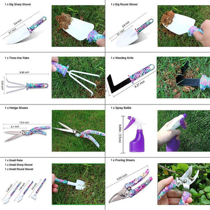 WISDOMLIFE Garden Tools Set, 11 Pieces Gardening Gifts with Purple Floral Print, Ergonomic Handle, Trowel, Rake, Shovels, Pruner, Shears, Sprayer, Gloves, Garden Hand Tools with Carrying Case