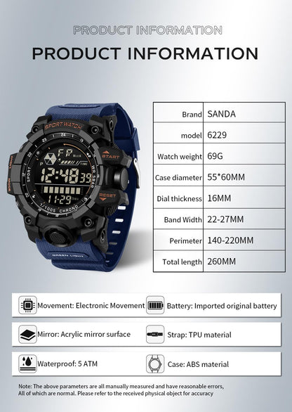 FANMIS Mens Military Multifunction Digital LED Watch Electronic Waterproof Alarm Quartz Sports Watch (Blue)