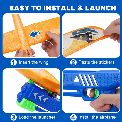 3 Pack Foam Airplane Launcher Toy with 3 DIY Stickers, 12.6" Glider Led Plane, Catapult Plane Boy Toys, Outdoor Sport Flying Toys for Kids Birthday Gifts for 4 5 6 7 8 9 10 11 12 Year Old Boys Girls