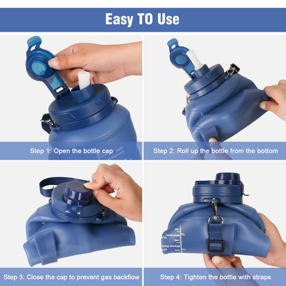 Collapsible Water Bottles, 2L/64OZ travel water bottle Bottle with Straw, Half Gallon Large Water Bottle for Travel Outdoor Sports Runing Fitness Yoga (Upgraded blue)