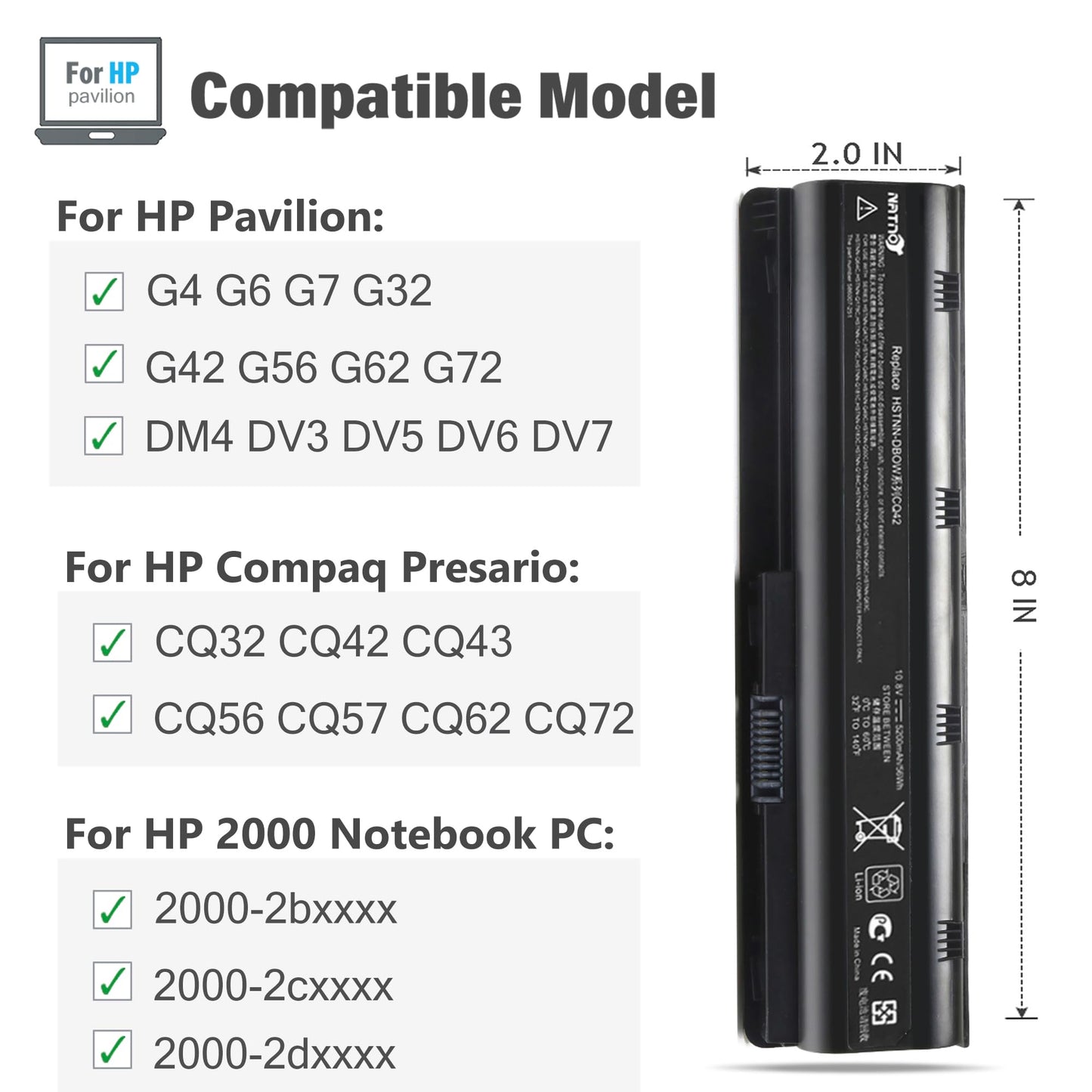 593553-001 593554-001 MU06 MU09 Extended Laptop battery for HP Pavilion G6 G7 G62 G72 G4 / 2000 Notebook PC / DV6 DV7 DM4 / Compaq Presario CQ32 CQ42 CQ43 CQ56 CQ57 CQ62 CQ72[10.8V 5200mAh 6Cell]