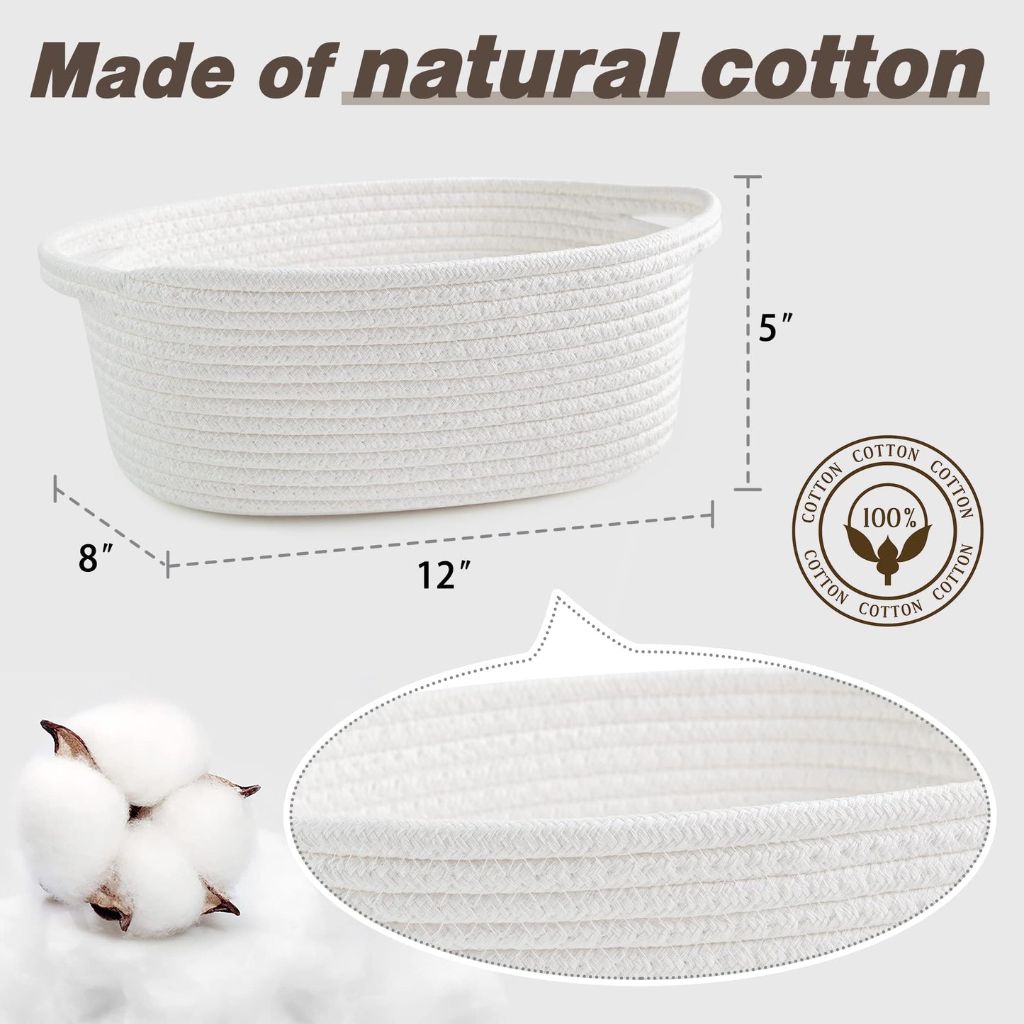 Pro Goleem Small Woven Basket with Gift Bags and Ribbons Durable Baskets for Halloween Gifts Empty Small Rope Basket for Storage 12"X 8" X 5" Baby Toy Baskets with Handles, White