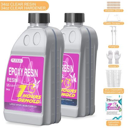 Puduo Fast Cure Epoxy Resin 68OZ, 1 Hour Quick Demold Epoxy Resin Kit, Crystal Clear, Strong, Anti-Yellowing Art Resin, Suitable for Casting, DIY, Resin Art, Molds, Jewelry, Easy to Mix 1:1 Ratio