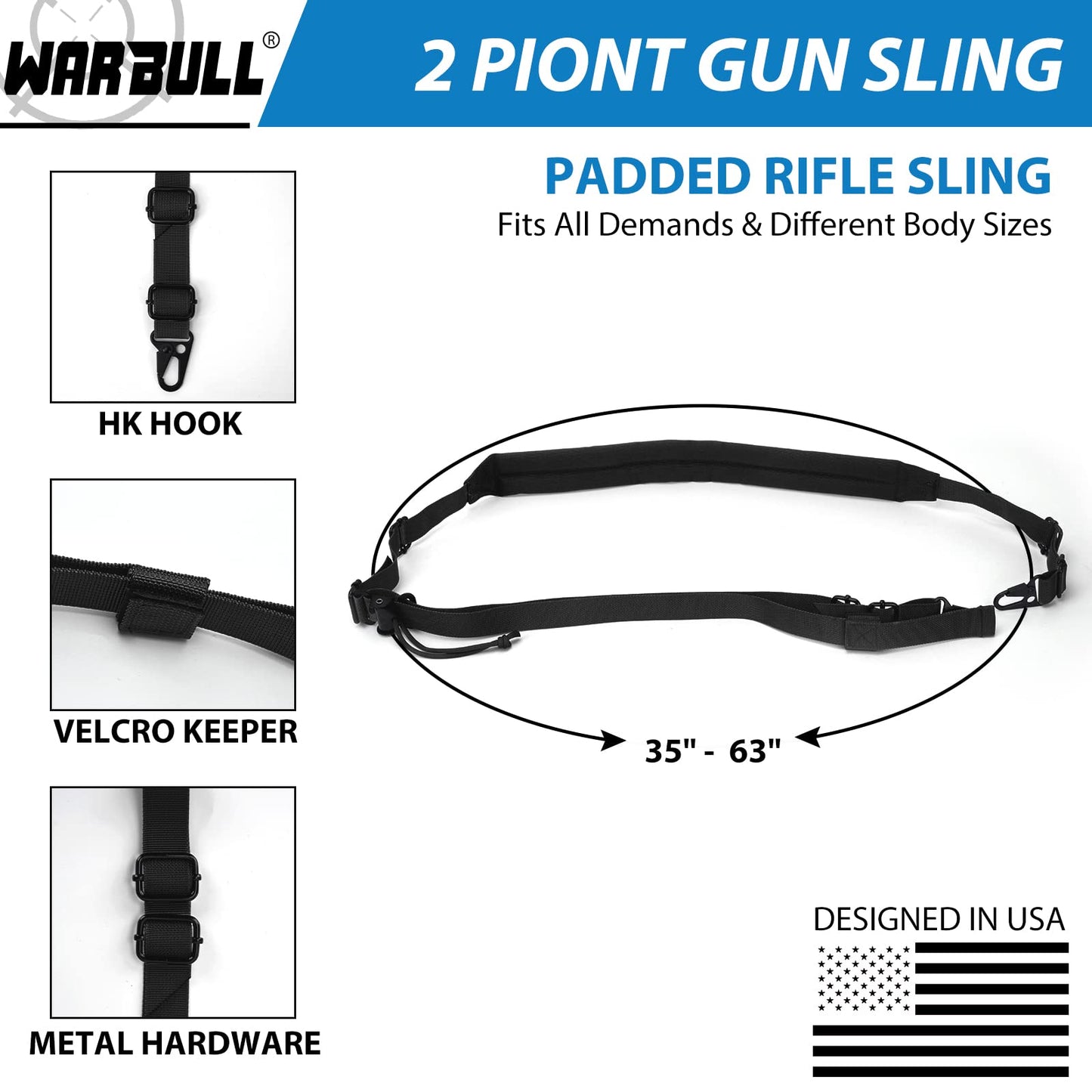 WarBull 2 Point Rifle Sling, Quick Adjust Gun Sling with HK Hook, Soft Shoulder Pad Tactical Sling for Rifle Shotgun and Crossbow, Gun Sling for Hunting and Outdoor Sports with Keychain Gift (Black)