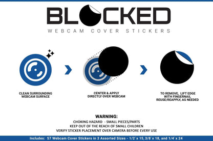 BLOCKED Stackable Webcam/Camera Vinyl Covers | 57 Low-Tack Restickable Webcam Sticker | 3-Sizes | Black 57-Pack (Muted Matte)