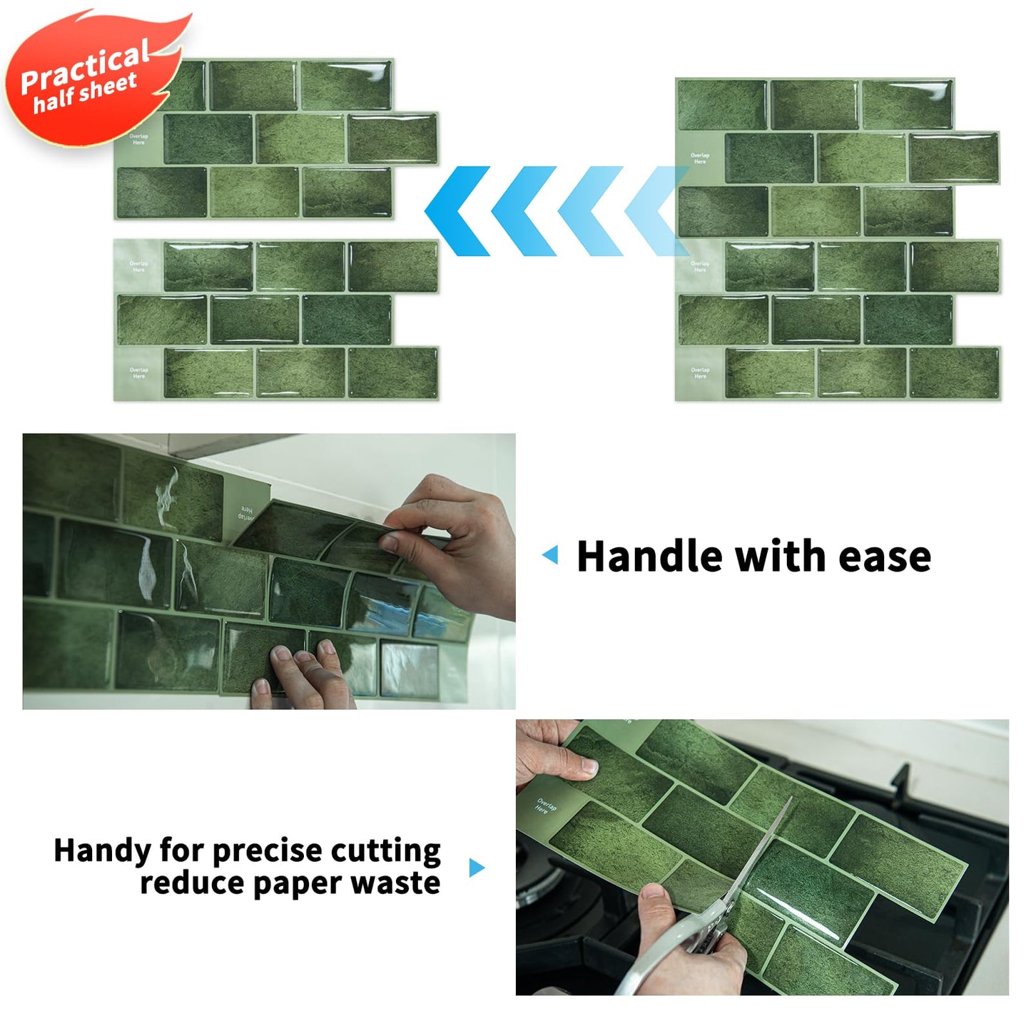 Art3d Peel and Stick Backsplash Tile Green for Kithchen Bathroom Laundry Room Stove RV, 20-Pack of 12 x 6" Self-Adhesive Vinyl Stick On Subway Tile
