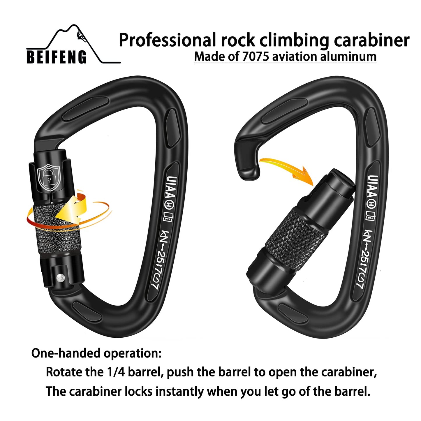 BEIFENG 25KN Auto Locking Carabiner - UIAA Certified Heavy Duty Climbing Carabiners for Rock Climbing, Camping, Rappelling, Hunting, Rescue Equipment - Professional Carabiner Clips (4-Pack, Black)
