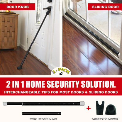 SECURITYMAN 2-in-1 Door Security Bar & Sliding Patio Door Security Bar (2 Pack) via Interchangeable Caps - Heavy Duty Iron Construction Door Stoppers for Home, Apartment, Travel Hotel - Black