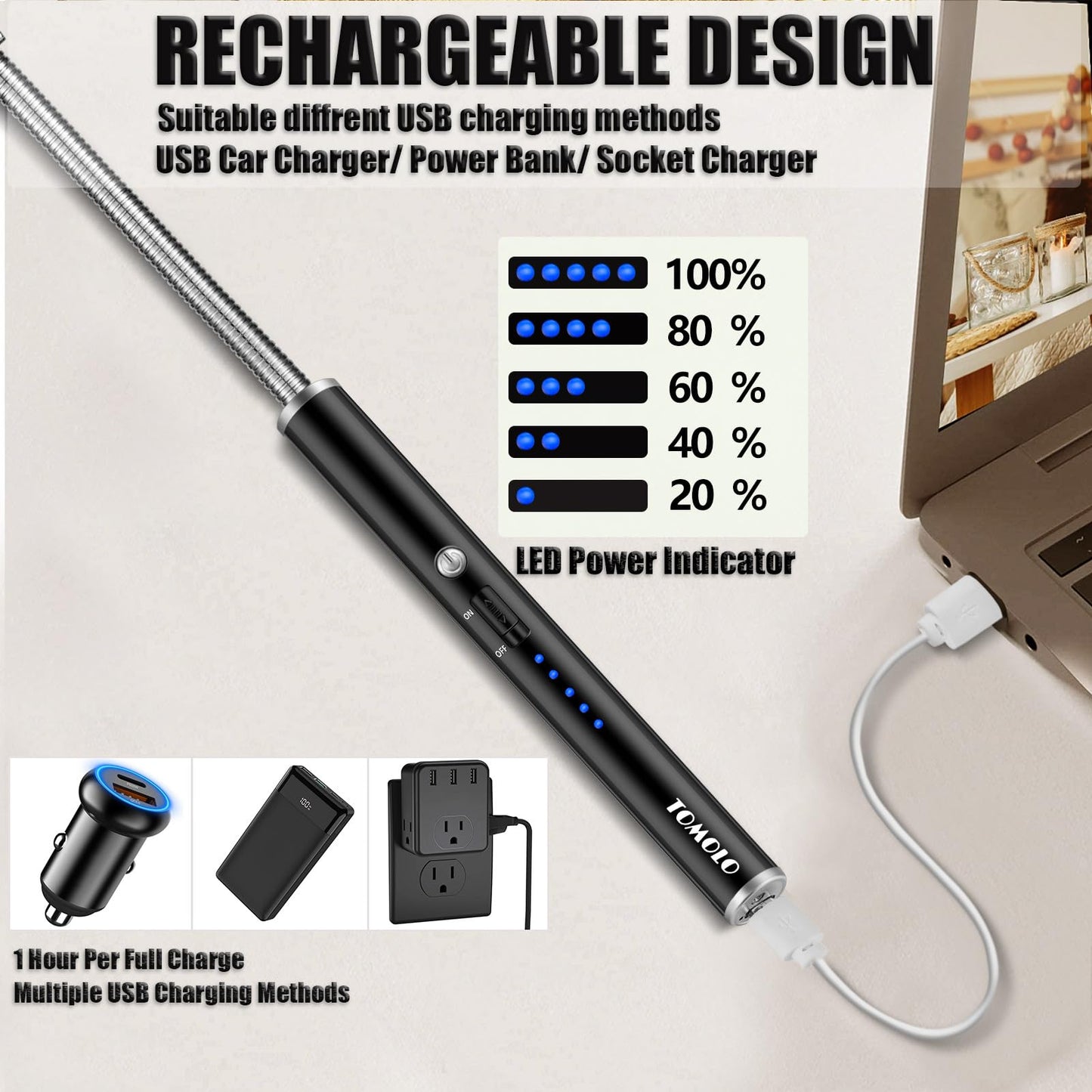 TOMOLO 2 Pack Electric Candle Lighter USB Rechargeable Flameless Windproof Arc Lighter with Flexible Neck, Safety Switch for Candle, Grill, BBQ, Camping & Kitchen (Black&Silver)