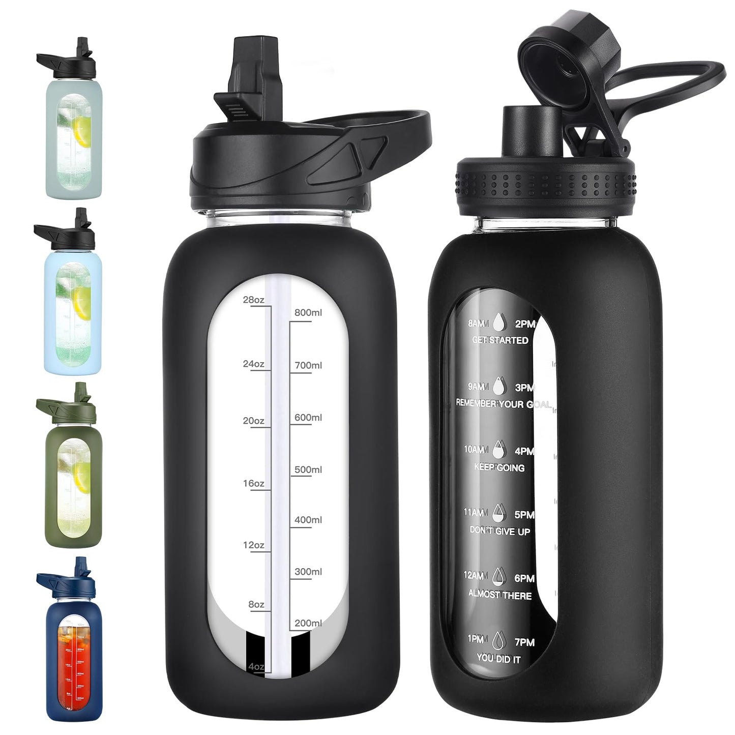 EALGRO 32 oz Glass Water Bottle with Straw and Handle, Sports Motivational Water Flask with Silicone Sleeve, Large Leakproof Water Flask Cup with Time Marker for Travel, Gym, Black