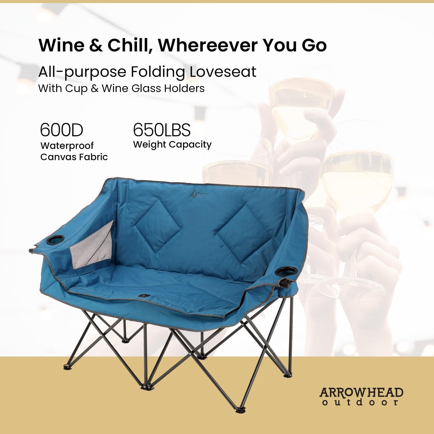 ARROWHEAD OUTDOOR Portable Folding Double Duo Camping Chair Loveseat w/ 2 Cup & Wine Glass Holder, Heavy-Duty Carrying Bag, Padded Seats & Armrests, Supports up to 500lbs, USA-Based Support