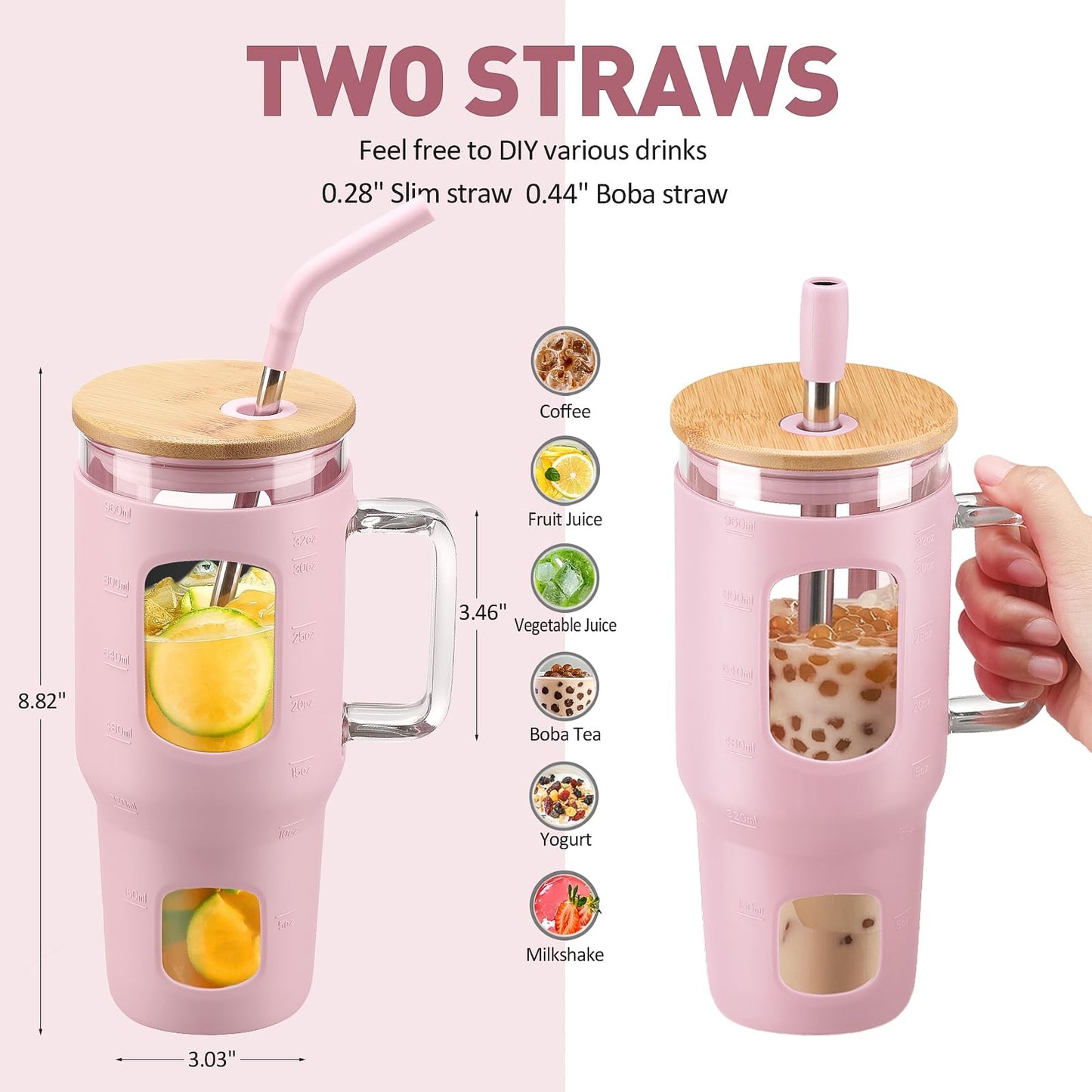WINSA Glass Tumbler with Straw and Lid, 32 oz Glass Cup with Handle, Glass Water Bottles with Time Marker, 2 Straws - Pearl Straw & Drinking Straw Silicone Protective Sleeve-Pink