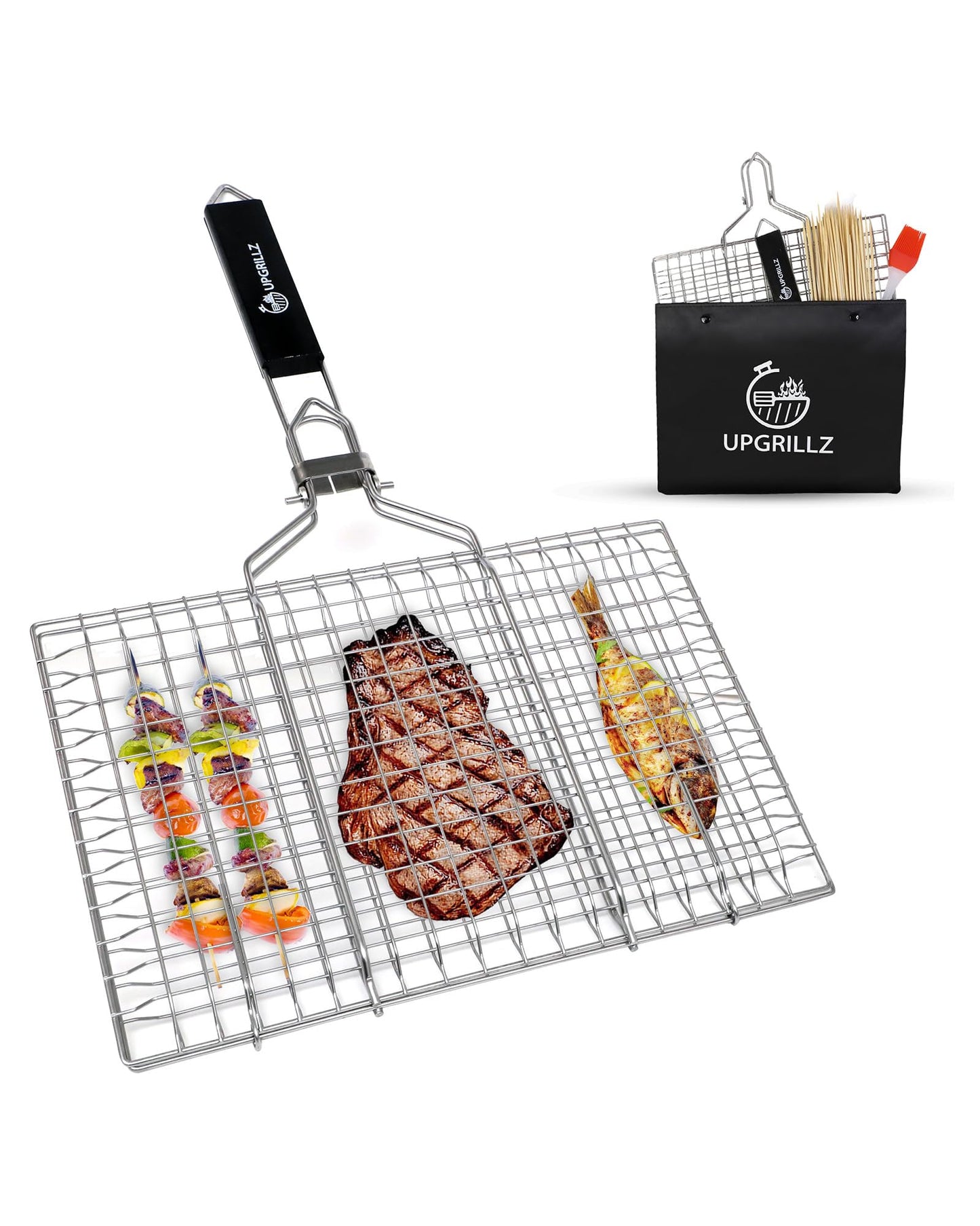 UPGRILLZ Fish Grill Baskets for Outdoor Grill Vegetables, Fish Grilling rack for Grill, BBQ Grilling Basket, Stainless steel Grill Basket for Veggies, shrimp Includes 50 skewers, Silicon Brush, and Carry Bag