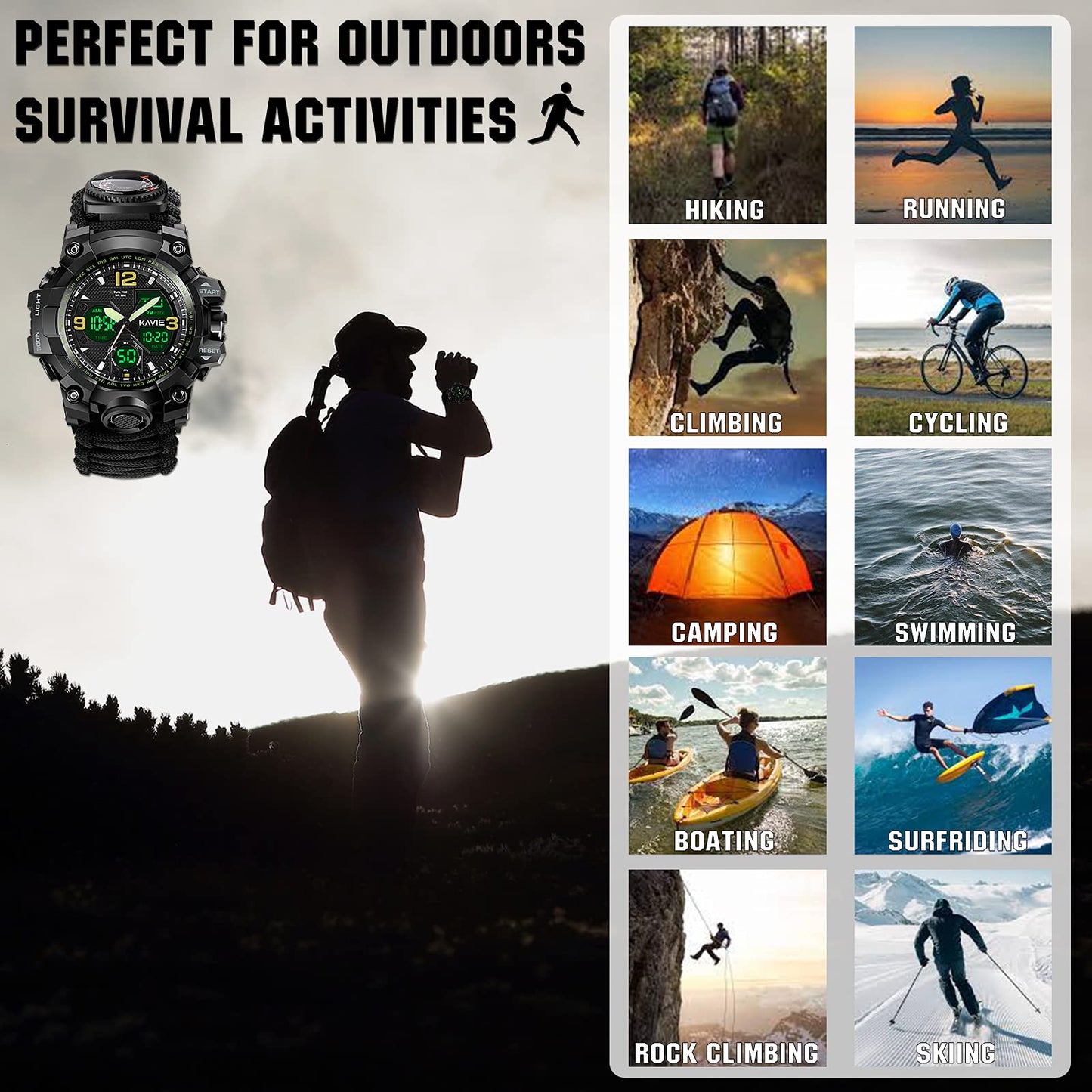 23-in-1 Survival Military Digital Watch, Mens Tactical Multi-Functional and Adjustable Wristband Outdoors Waterproof Sports Dual Dial Watches with Compass Paracord Band, Black, Digital