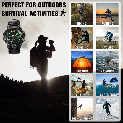 23-in-1 Survival Military Digital Watch, Mens Tactical Multi-Functional and Adjustable Wristband Outdoors Waterproof Sports Dual Dial Watches with Compass Paracord Band, Black, Digital