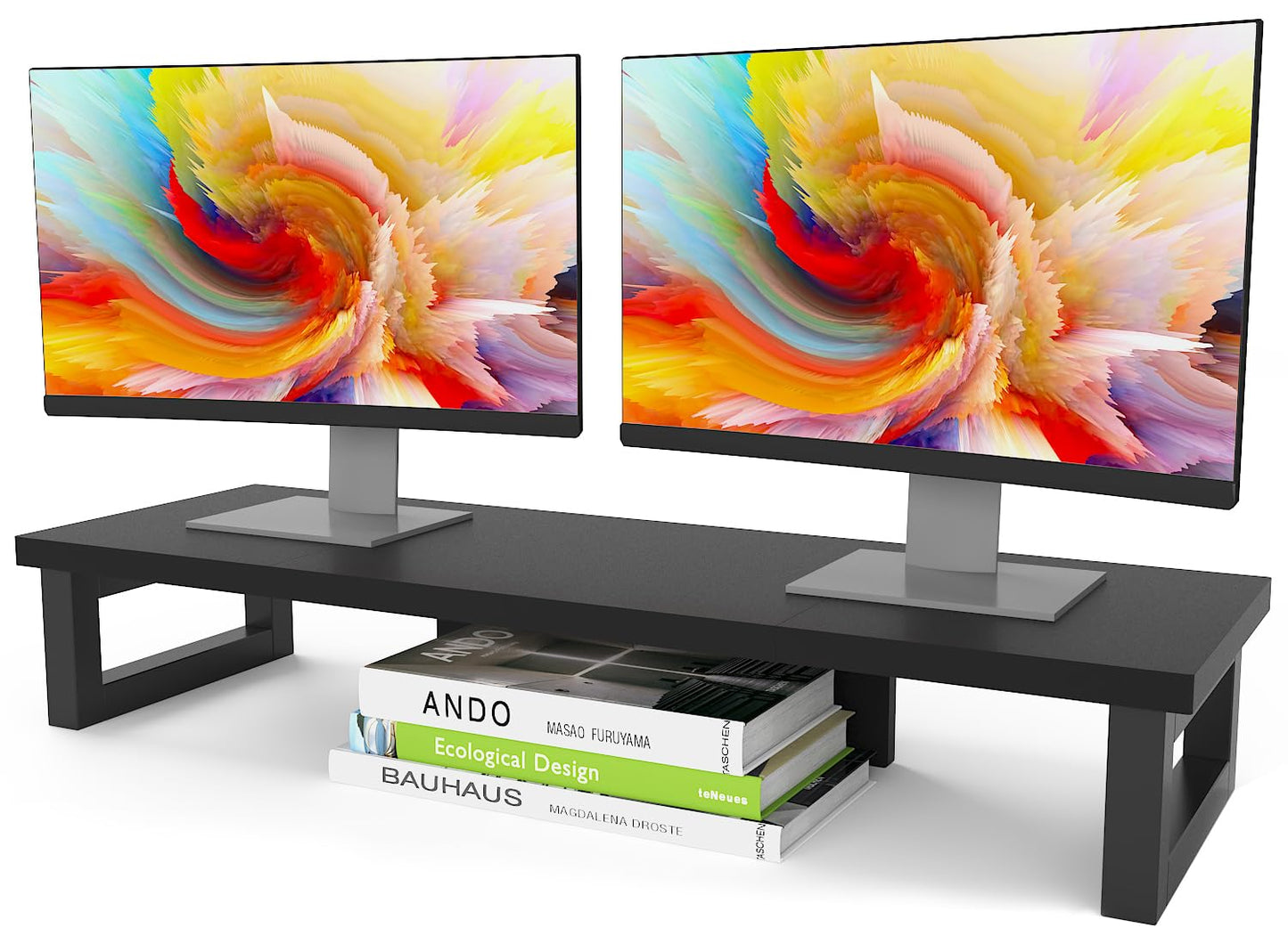 WESTREE Dual Monitor Stand Riser, Wood and Steel Monitor Stand Riser, Computer Monitor Stand for 2 Monitors, Multi-Purpose Desktop Storage Stand for Computer,Laptop,Printer,TV