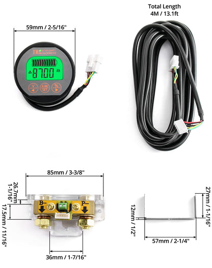 QWORK Battery Monitor Voltmeter Ammeter, Voltage Range 8V-80V and up to 500A, Voltage Current Meter with 13 ft Custom Cable