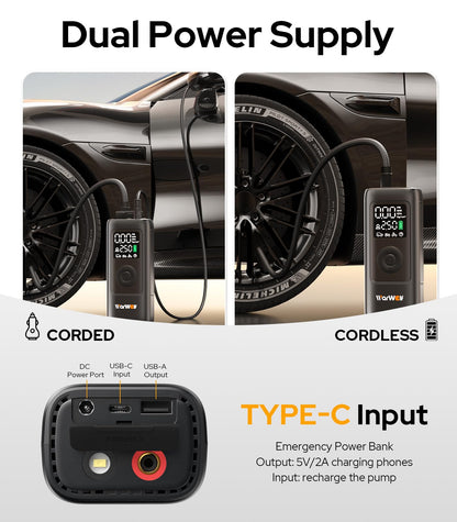 WARWOLF 160PSI Tire Inflator Portable Air Compressor - 48LPM Fast Air Pump for Car Tires: SUV, Light Truck, Motorcycle, Bike, 10000mAh with Auto Shut-Off, Digital Gauge, 12V Car Adapter, LED Light