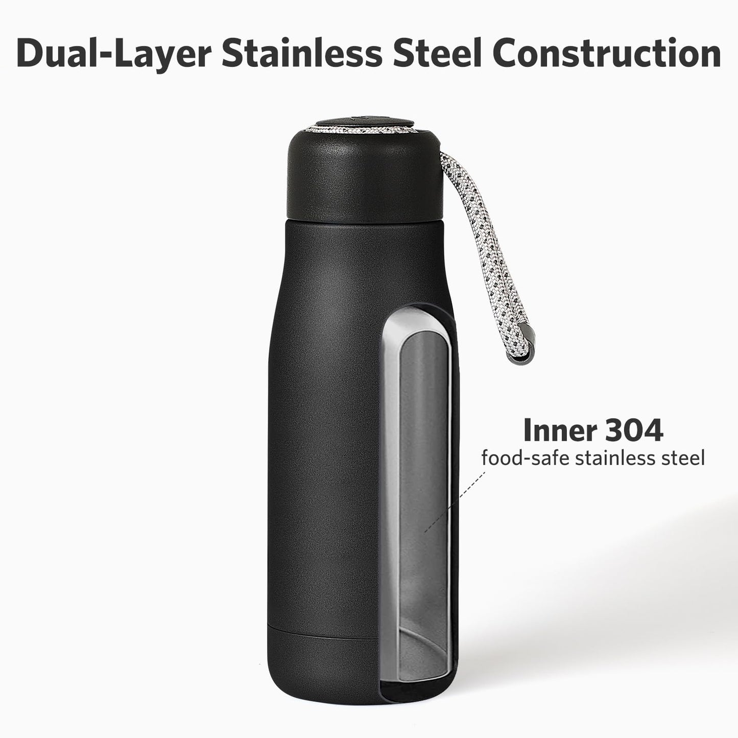 Water Bottles with Portable Lid，Hydro Insulated Thermal Flask for Hot or Cold Drinks 350ml Stainless Steel Metal Reusable Water Bottle for Kids, Adults, Midnight Black
