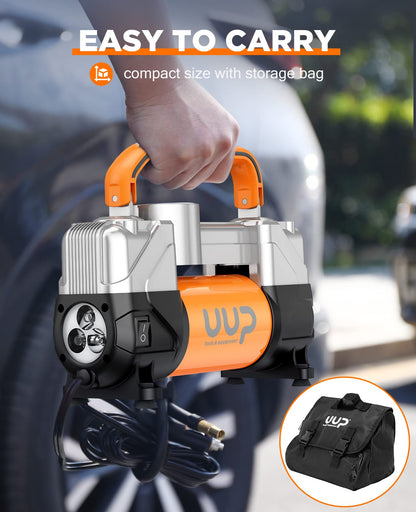 UUP Tire Inflator Air Compressor, 150PSI 12V DC Double Cylinders Heavy Duty Portable Air Pump w/Emergency LED Light for Truck, SUV, Car, RV