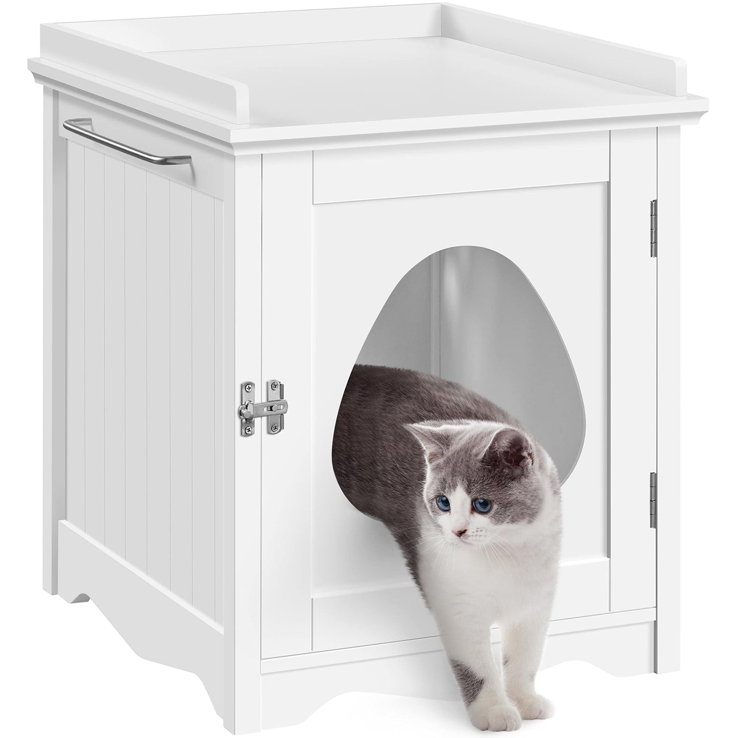 Yaheetech Cat Litter Box Enclosure, Hidden Litter Box Furniture with Side Towel Bar, Wooden Cat Washroom, Storage Cabinet, Indoor Pet House, Side Table Nightstand, White