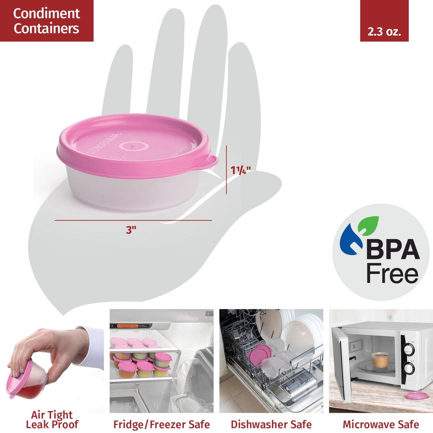 Condiment Cups Containers with Lids- 8 pk. 2.3 oz.Salad Dressing Container to go Small Food Storage Containers with Lids- Sauce Cups Leak proof Reusable Plastic BPA free for Lunch Box Picnic Travel